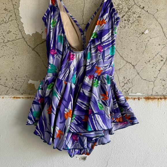 Vintage 80s 90s Floral Peplum One Piece Swimsuit M Purple Modest Pinup Skirted - Picture 6 of 8